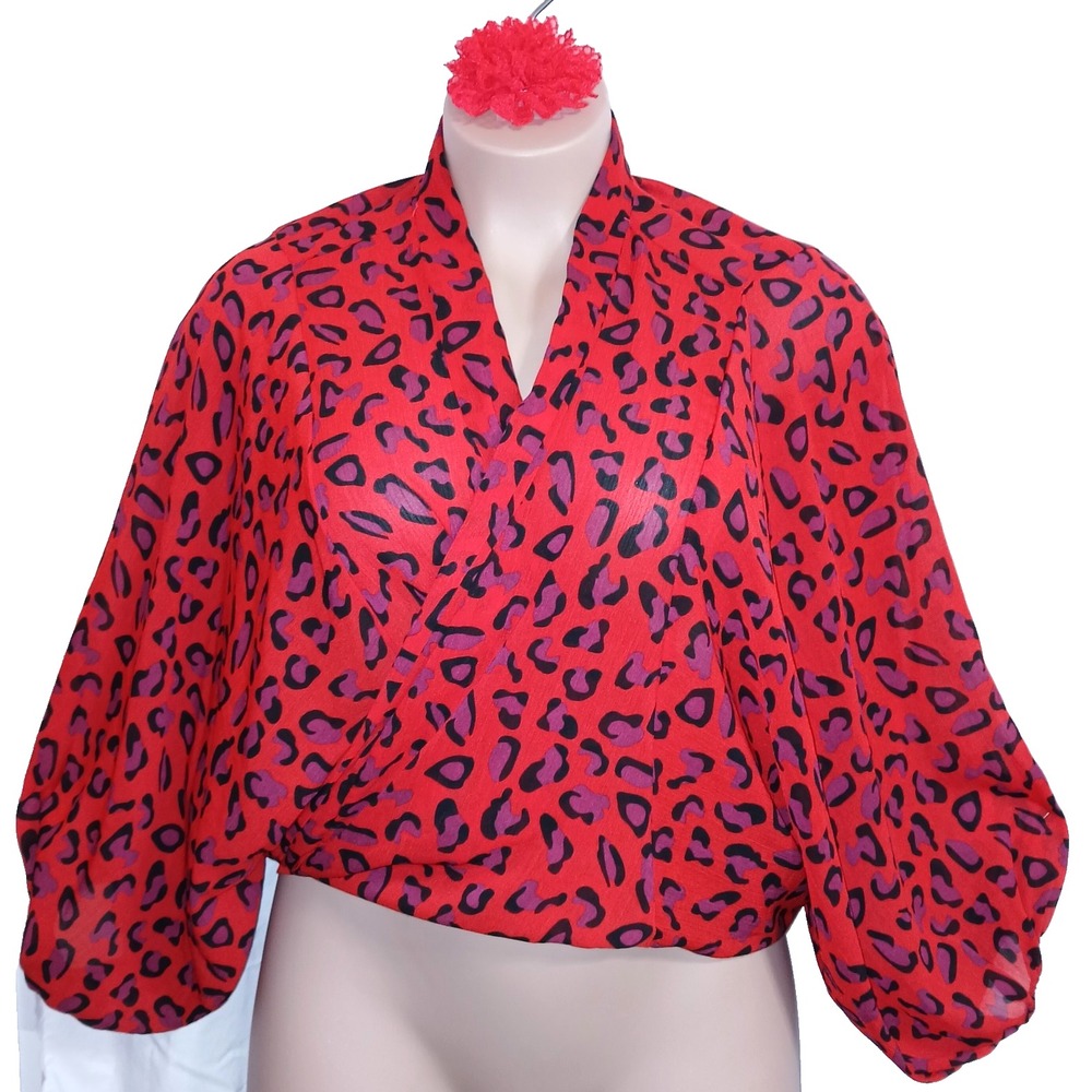 Colleen Lopez Women Wrap Top XS Red Leopard Animal Oversized Ballon Sleeve HSN